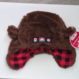 Kids Team Canada Olympics rown Bear Faux Fur Trapper Hat with Red Plaid Lining